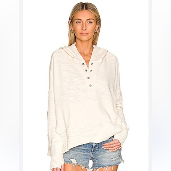Free People Neutral Cream Waffle Knit Ribbed Cropped Hoodie size S Fall Fashion - Picture 1 of 8